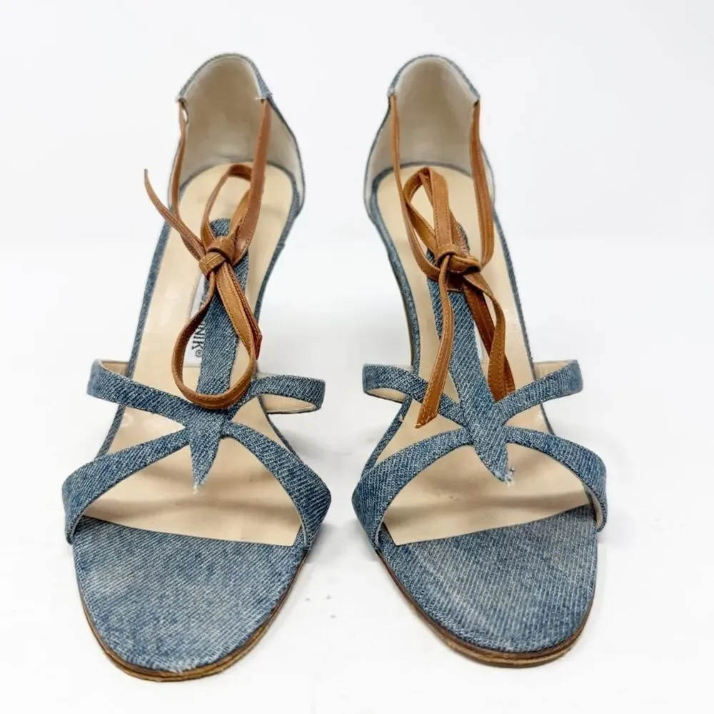 Manolo Blahnik Denim Strappy Sandals Heels Womens Size EU 38.5